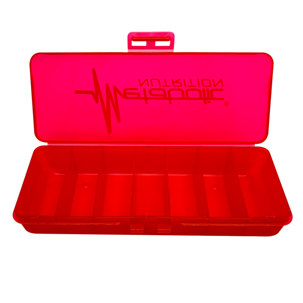 Metabolic Nutrition, red, rectangular, 7 day, pill case.